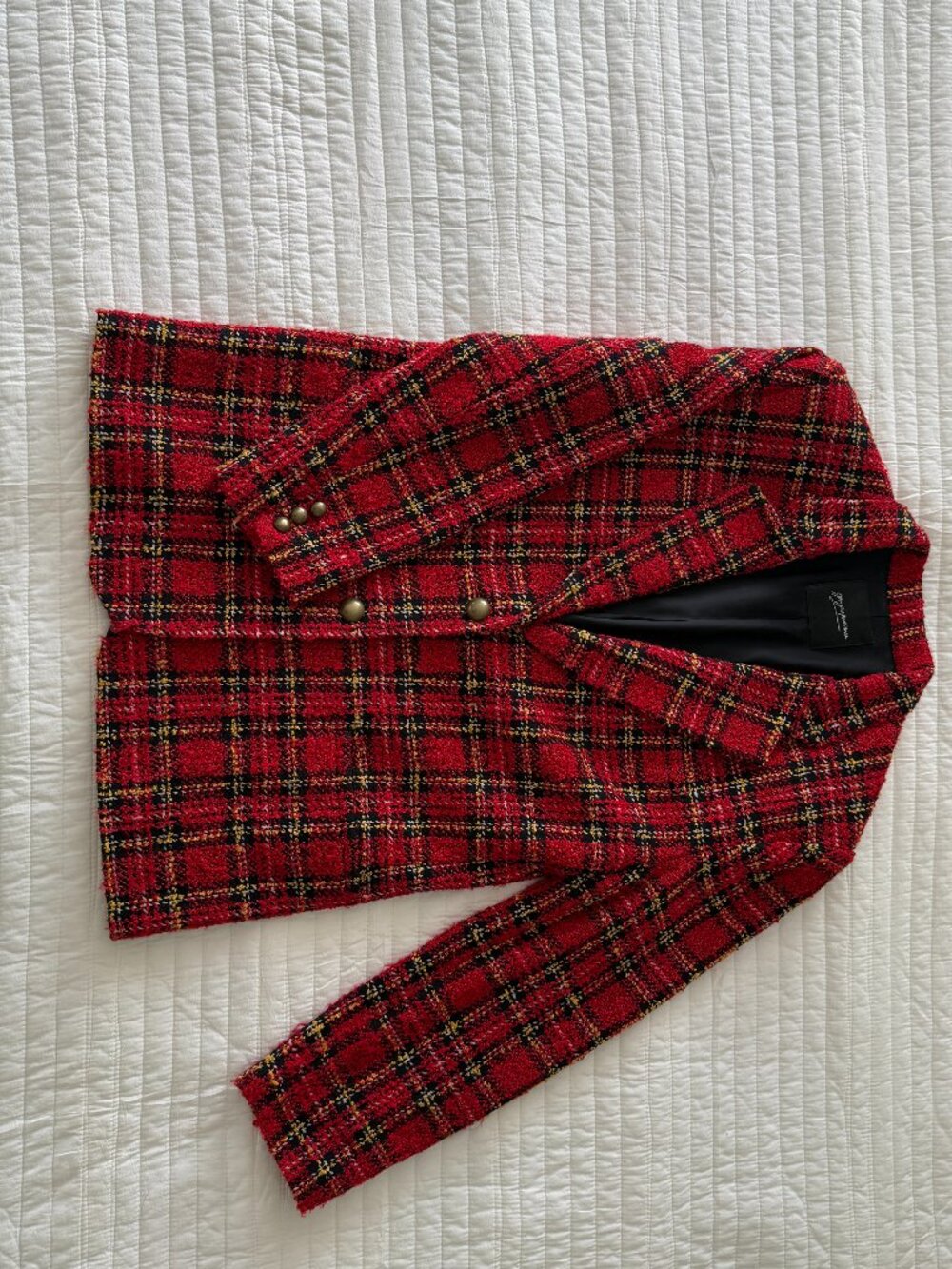 Vintage Georges Marciano Red Plaid Tweed Blazer- Gold Button Boucle, Size 10